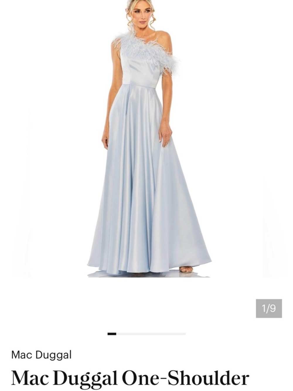 Mac Duggal Pale Blue One-Shoulder Feather Trim Evening Gown NWT